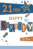 21st Birthday Card - Male Age 21 Today Blue Green Stars Writing & Gold Foil 9x6"
