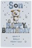 Son Birthday Card - Cute Dog on Big Blue & Grey Writing 9" x 6"