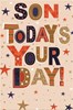 Son Birthday Card - Red Blue Brown Writing & Stars with Silver Foil Detail 9x6"