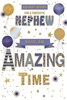 Nephew Birthday Card - Blue Balloons Stars and Writing with Gold Foil 9x6"