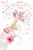 Wedding Day Congratulations Card - Champagne Bottle Pink Flowers Foil 9x6.25"