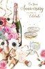 Wedding Anniversary Card - Pink White Flowers and Champagne with Gold Foil 9x6"