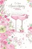 Open Wedding Anniversary Card - Pink Flowers Birds & Champagne Glasses Foil 9x6"