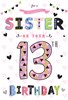 Sister 13th Birthday Card Pastel Writing with Pink and Silver Foil Hearts 9x6"