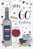 Son 60th Birthday Card - Red Wine Bottle and Glass, Books and Silver Foil 9"x6"