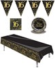 Party Pack for 8 Black & Gold Table Cover Napkin Plates Bunting - 16th Birthday