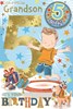 Grandson 5th Birthday Card & Badge - 5 Today Boy on Trampoline Gold Foil 9" x 6"
