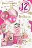Granddaughter 12th Birthday Card & Badge - Age 12 Pink Balloons Milkshake 9x6"