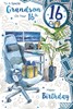 Grandson 16th Birthday Card & Badge - Age 16 Gaming Chair Desk Blue Foil 9x6"