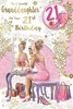 Granddaughter 21st Birthday Card & Badge - Age 21 Lady at Dressing Table 9x6"