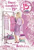 Granddaughter 15th Birthday Card & Badge - Age 15 Girl with Dresses 9x6"