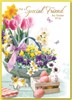 Friend Easter Card - Spring Flowers in Basket Decorated Eggs Gold Foil 7.5x5.25"