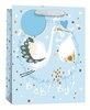 Large Birth Baby Boy Gift Bag Tag - Blue with White Stork and Gold Foil 13x10.25