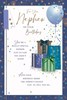 Nephew Birthday Card - Blue Green Presents Balloon and Stars Copper Foil 9x6"