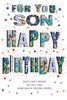 Son Birthday Card - Blue Green Letters and Stars with Gold Foil and Insert 9x6"