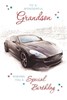 Grandson Birthday Card - Black Sports Car with Blue Red Stars & Red Foil 9x6"