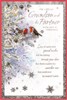 Grandson & Partner Christmas Card -  Robins on Tree with Silver Foil Verse 9x6