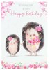 Open Children's Girl Birthday Card - Hedgehogs Pink Flowers & Glitter 7.5"x5.25"