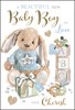 Jonny Javelin Birth of New Baby Boy Card - Bunny in Blue Jumper & Foil 7.25x5.5"