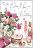 Jonny Javelin One I Love Birthday Card - Pink Flowers Champagne Silver Foil 9x6