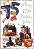 Jonny Javelin 75th Birthday Card - Age 75 Cake with Blue and Red Presents 9x6.25