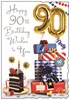 Jonny Javelin 90th Birthday Card - Age 90 Red Blue Presents Silver Foil 9x6.25"