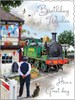 Jonny Javelin Open Male Birthday Card Scenic Steam Train Conductor Dog 7.25x5.5