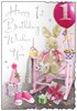 Jonny Javelin Age 1 Girl Birthday Card - Pink Chair Rabbit & Gifts  9" x 6.25"