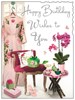 Jonny Javelin Open Female Birthday Card - Pink Orchid on Table & Kimono 7.25x5.5