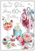 Sister 60th Birthday Card - Pink Cocktail Cupcakes Sweet Jar Glitter Foil 9x6.25