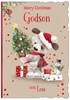 Godson Christmas Card - Dog Bear in Santa Hat with Tree & Red Foil 7.5x5.25"