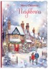 Neighbours Christmas Card - Couple & Dog in Snowy Street with Red Foil 7.5x5.25"