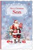 Son Christmas Card -Traditional Santa with Presents and Red Foil Snowflakes 9x6"