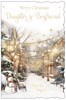 Daughter & Boyfriend Christmas Card - Snowman in Street with Lights Foil 9x6"