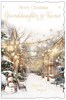 Granddaughter & Fiance Christmas Card - Snowman in Street with Lights Foil 9x6"