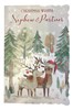Nephew & Partner Christmas Card - Reindeer in Snowy Forrest and Red Foil 9x6.25"