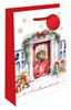 Small Christmas Gift Bag - Wreath on Red Door with Red Foil Finish & Tag 8x5"