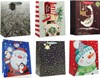 Set of 6 Large Christmas Gift Bags with Ribbon Handle & Tag Mixed Designs - A