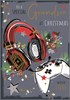 Jonny Javelin Grandson Christmas Card - Headphones & Controller Gold Foil 9x6.25