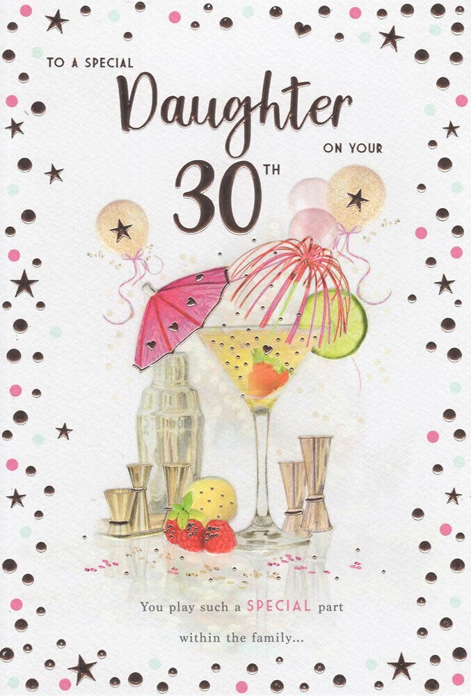 Daughter 30th Birthday Card Cocktail with Balloons and Rose Gold Foil
