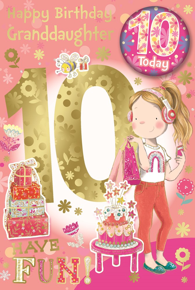 Granddaughter 10th Birthday Card & Badge - 10 Today Girl in Headphones 9 x 6 granddaughter 10th birthday card