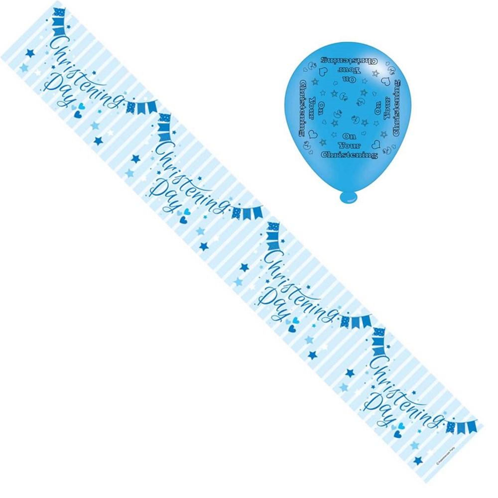 Christening Boy Foil Party Banner & Balloons Christening Day