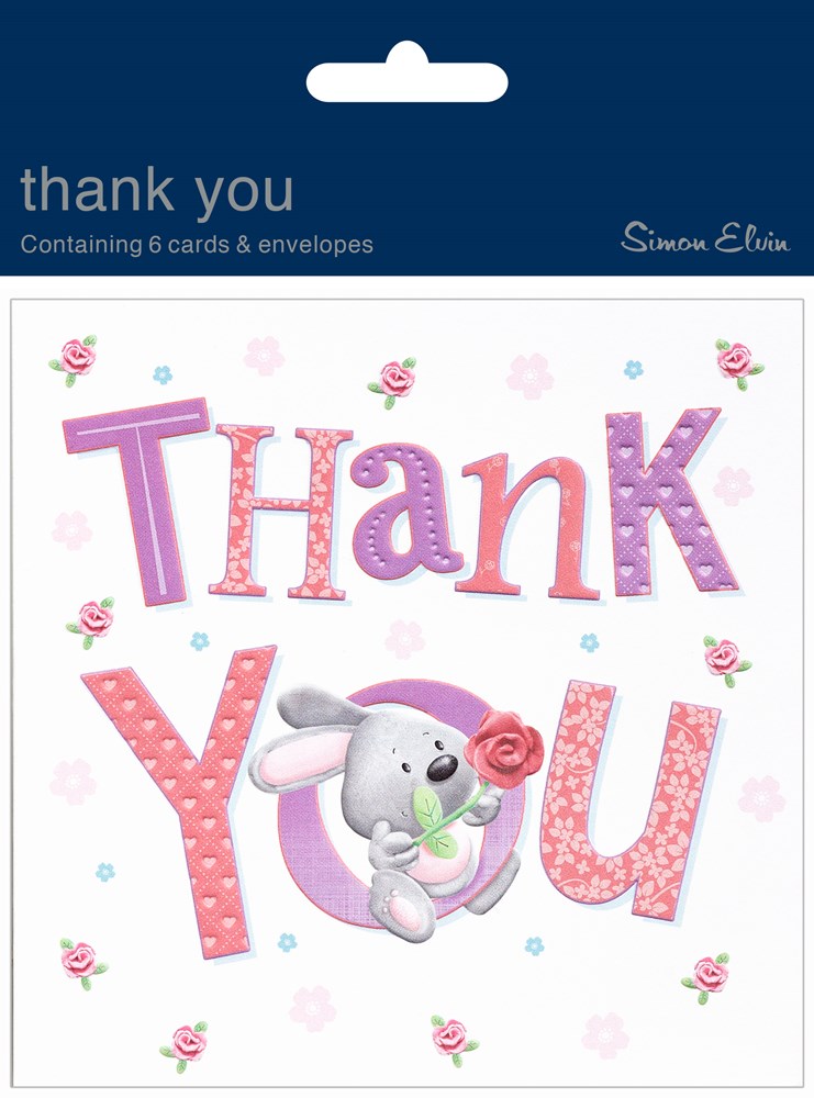 Pack Of 6 Thank You Cards & Envelopes Cute Rabbit & Rose Flower