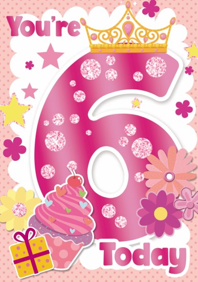 Age 6 Girl Birthday Card - Big Foil 6 with Crown Cupcake Stars ...