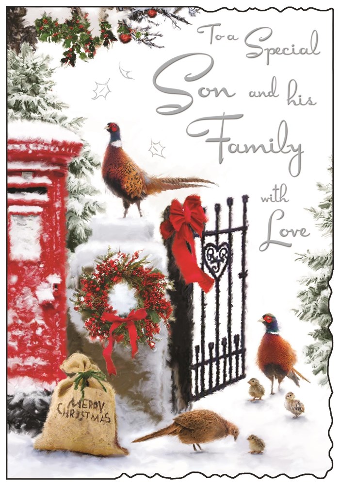 Jonny Javelin Son & Family Christmas Card  Post Box Gate and Pheasants