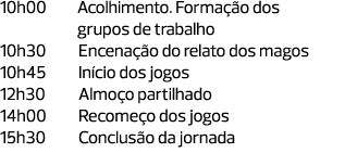 10h00 Acolhimento. Formação dos               grupos de trabalho 10h30 Encenação do relato dos magos 10h45 Início dos...