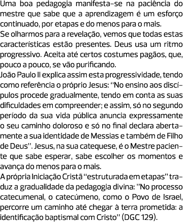 Uma boa pedagogia manifesta-se na paciência do mestre que sabe que a aprendizagem é um esforço continuado, por etapas...