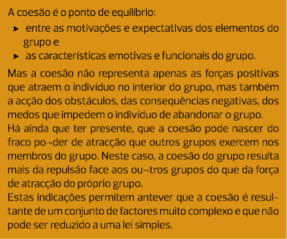 A coesão é o ponto de equilíbrio: entre as motivações e expectativas dos elementos do grupo e as características emot...