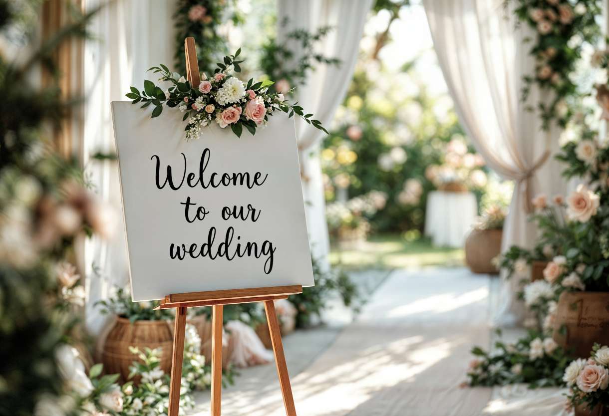 Wedding ceremony welcome sign with floral decorations