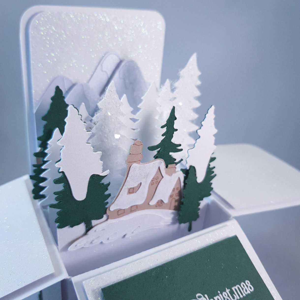 Merry Christmas Swiss Themed Snow Scene Pop Up Box Card